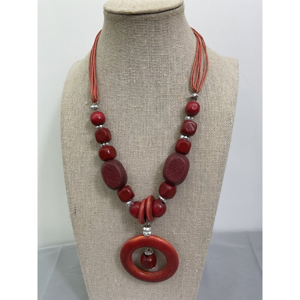 Chunky Red Wooden Bead Necklace With Adjustable Cord & Silver Accents